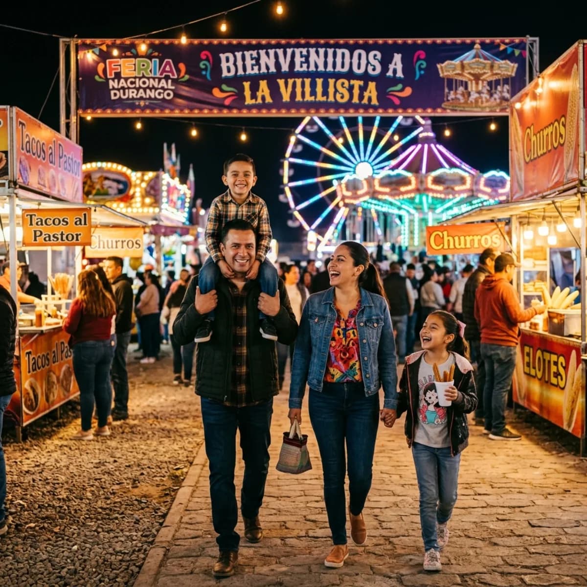 Familia mexicana disfrutando una noche en la Feria Nacional La Villista, con luces de juegos mecánicos y puestos de comida