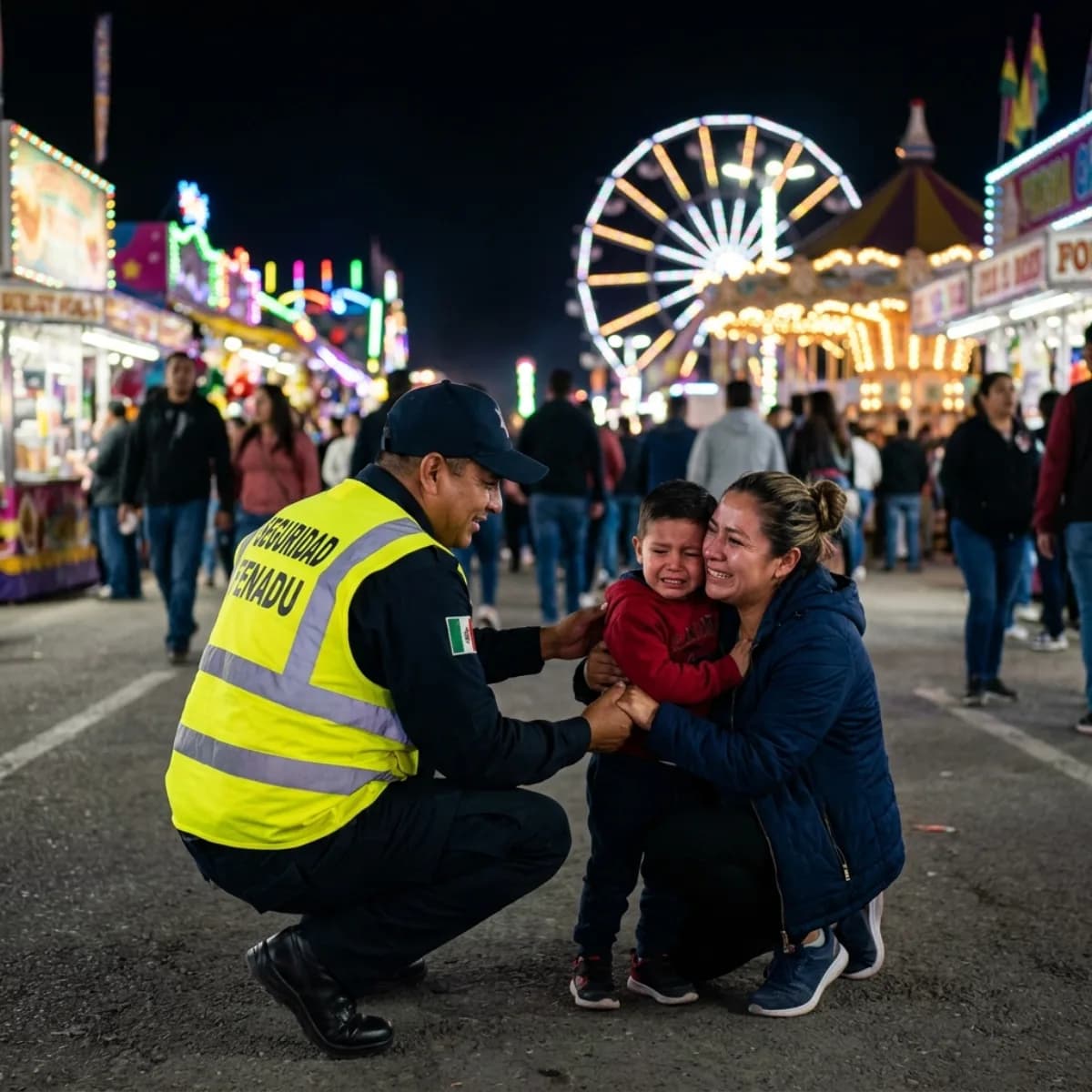 Guardia de seguridad FENADU ayudando a reunir a un niño con su mamá en la feria