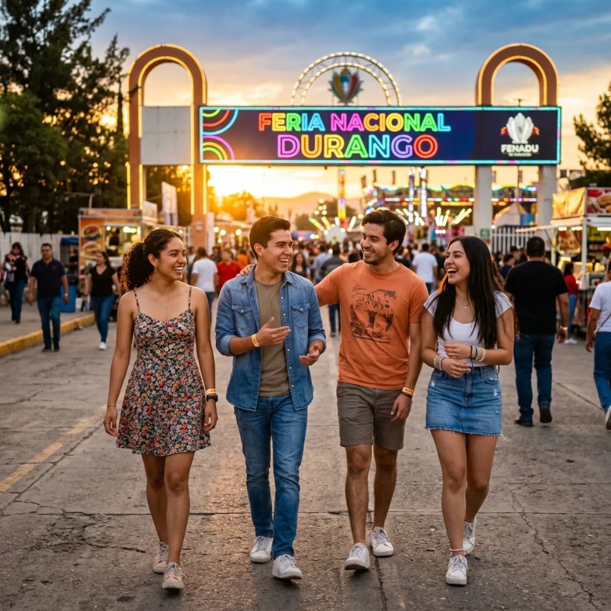 Grupo de amigos jóvenes mexicanos entrando al recinto de la Feria Nacional Durango al atardecer