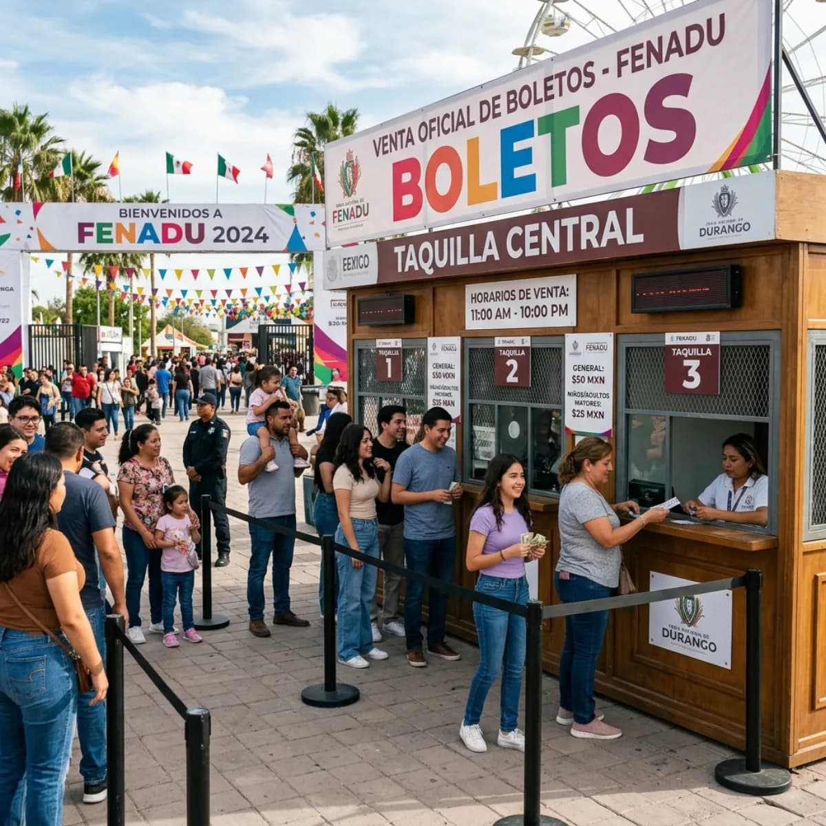 Taquilla de venta oficial de boletos de la FENADU, familias comprando boletos